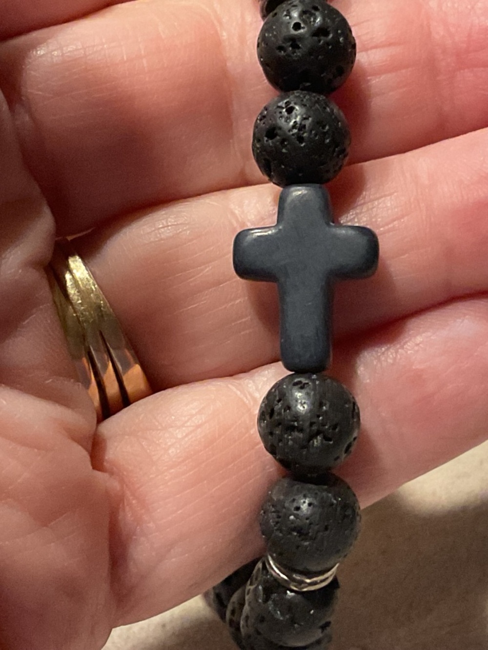 Men's Black Lava Bead Stretch Bracelet with Cross - Picture 2 of 3